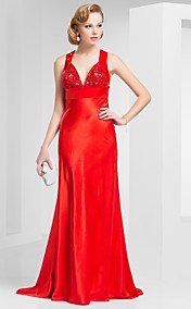 A-line V-neck Sweep Train Satin Evening Dress