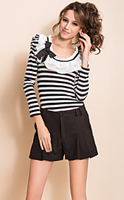 TS Stripes Ruffle Collar Puff Sleeve Basic T Shirt