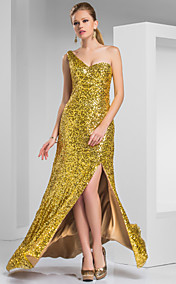  Sheath/Column One Shoulder Sweep/Brush Train Sequined Evening Dress