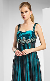 A-line/Princess Straps Floor-length Stripes Tulle Evening Dresses with Flowers Beading