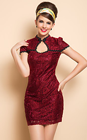 TS Plunging Neck Lace Chinese Bodycon Dress