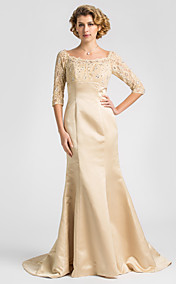Trumpet/Mermaid Scoop Sweep/Brush Train Satin And Lace Mother of the Bride Dress 