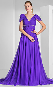  A-line V-neck Sweep/Brush Train Chiffon Evening Dress