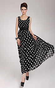 Women's Chiffon Belted Polka Dots Maxi Dress