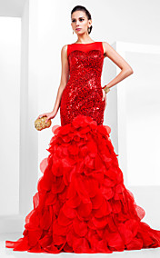 Trumpet/Mermaid Bateau Court Train Sequined And Organza Evening Dress 
