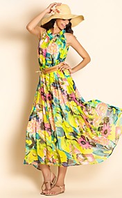 TS Ruffle Collar Print Chiffon Belted Midi Dress