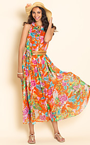 TS Print Sleeveless Chiffon Belted Midi Dress