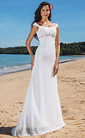  Sheath/Column Scoop Sweep/Brush Train Chiffon Wedding Dress