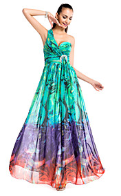 A-line/Princess One-shoulder Floor-length Printed Chiffon Evening Dress