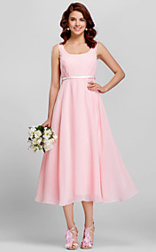 Sheath/Column Scoop Tea-length Satin Bridesmaid Dress