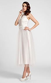 A-line High-neck Tea-length Satin And Tulle Evening Dress