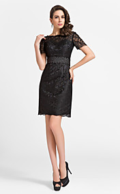 Sheath/Column Jewel Knee-length Lace And Satin Cocktail Dress
