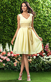A-line V-neck Knee-length Chiffon and Stretch Satin Bridesmaid Dress