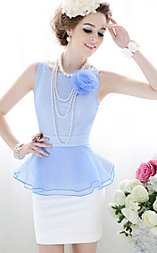 Women's Contrast Color 3D Flower Peplum Organza Splicing Bodycon Dress