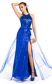 Sheath/Column Jewel Floor-length Sequined And Tulle Evening Dress With Split Front