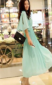Women's Bohemian Round Collar Ruffled Pleated Slim Waist Dress