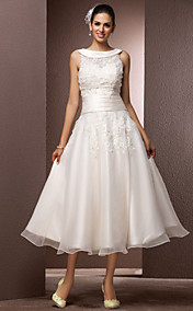 A-line Bateau Tea-length Organza Wedding Dress With A Wrap