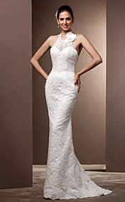 Trumpet/Mermaid Halter Sweep/Brush Train Lace Wedding Dress