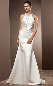  Trumpet/Mermaid Jewel Sweep/Brush Train Satin Wedding Dress