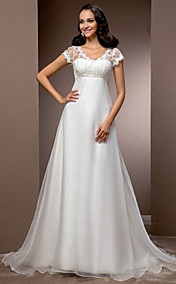 Free Custom measurements! A-line V-neck Court Train Organza And Lace Wedding Dress