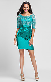  Sheath/Column Scoop Short/Mini Lace And Stretch Satin Cocktail Dress