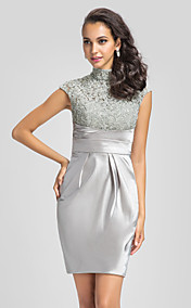 Sheath/Column High Neck Lace And Stretch Satin Cocktail Dress