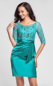  Sheath/Column Scoop Short/Mini Lace And Stretch Satin Cocktail Dress