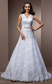 A-line V-neck Court Train Lace Wedding Dress With Removable Belt