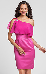  Sheath/Column One Shoulder Knee-length Satin And Chiffon Bridesmaid Dress