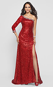Sheath/Column One Shoulder Sweep/Brush Train Sequined Evening Dress   