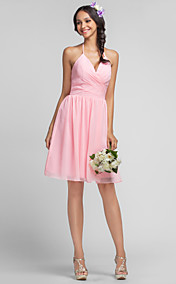 Sheath/Column V-neck Halter Knee-length Chiffon Bridesmaid Dress