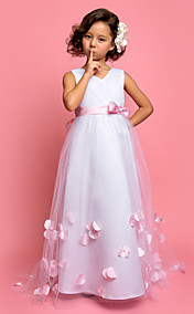 A-line Princess V-neck Sweep/Brush Train Tulle And Satin flower girl dress