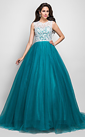 A-line Princess Jewel Sleeveless Sweep/Brush Train Beading Lace And Tulle Evening Dress With Buttons  