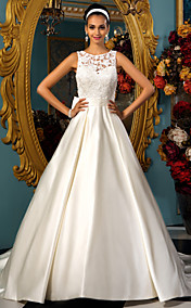 A-line Princess Bateau Satin Lace Wedding dress