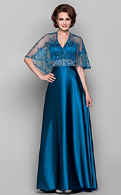 Sheath/Column V-neck Sweep/Brush Train Stretch Satin And Lace Mother of the Bride Dress (466805)