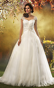  A-line Princess Queen Anne Sweep/Brush Train Tulle Wedding Dress