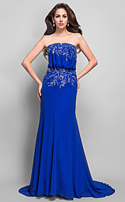 Sheath/Column Strapless Sweep/Brush Train Beading Chiffon Evening Dress