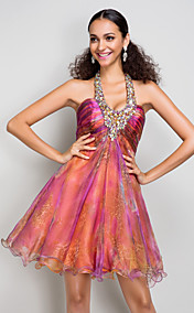 A-line Halter Short/Mini Printed Organza And Taffeta Cocktail Dress
