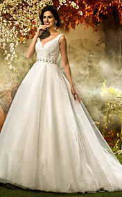 A-line Princess V-neck Tulle And Sequined Wedding Dress(519022) 