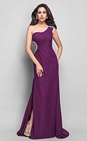 Sheath/Column One Shoulder Floor-length Beading Chiffon Evening Dress
