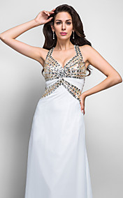 Sheath/Column V-neck Halter Sweep/Brush Train Crystal Detailing Chiffon Evening Dress