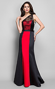 Sheath/Column One Shoulder Backless Floor-length Satin And Lace Evening Dress With Bow(s)