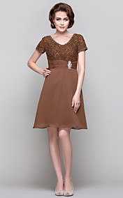 A-line Princess V-neck Knee-length Chiffon Lace Mother of the Bride Dress