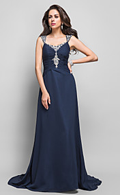 Sheath/Column Straps Sweep/Brush Train Beading Chiffon Evening Dress