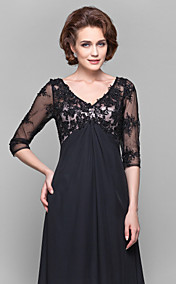 A-line V-neck 3/4 Length Sleeve Lace And Chiffon Floor-length Mother of the Bride Dress
