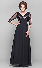 A-line V-neck 3/4 Length Sleeve Lace And Chiffon Floor-length Mother of the Bride Dress