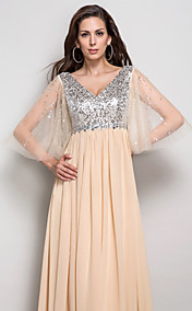 Sheath/Column V-neck Sequined  Chiffon Floor-length  Evening Dress