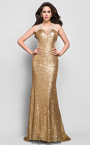 Trumpet/Mermaid  V-neck Sweep/Brush Train Bandage Sequined And Tulle Evening Dress