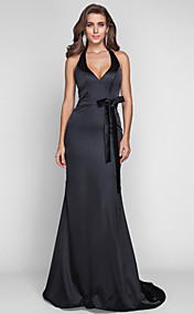 Sheath/Column Halter Sweep/Brush Train Stretch Satin Evening Dress (636355)