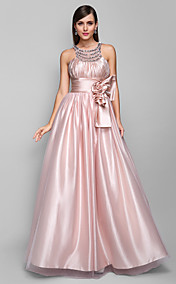 A-line Jewel Floor-length Stretch Satin And Tulle Evening Dress (605471)